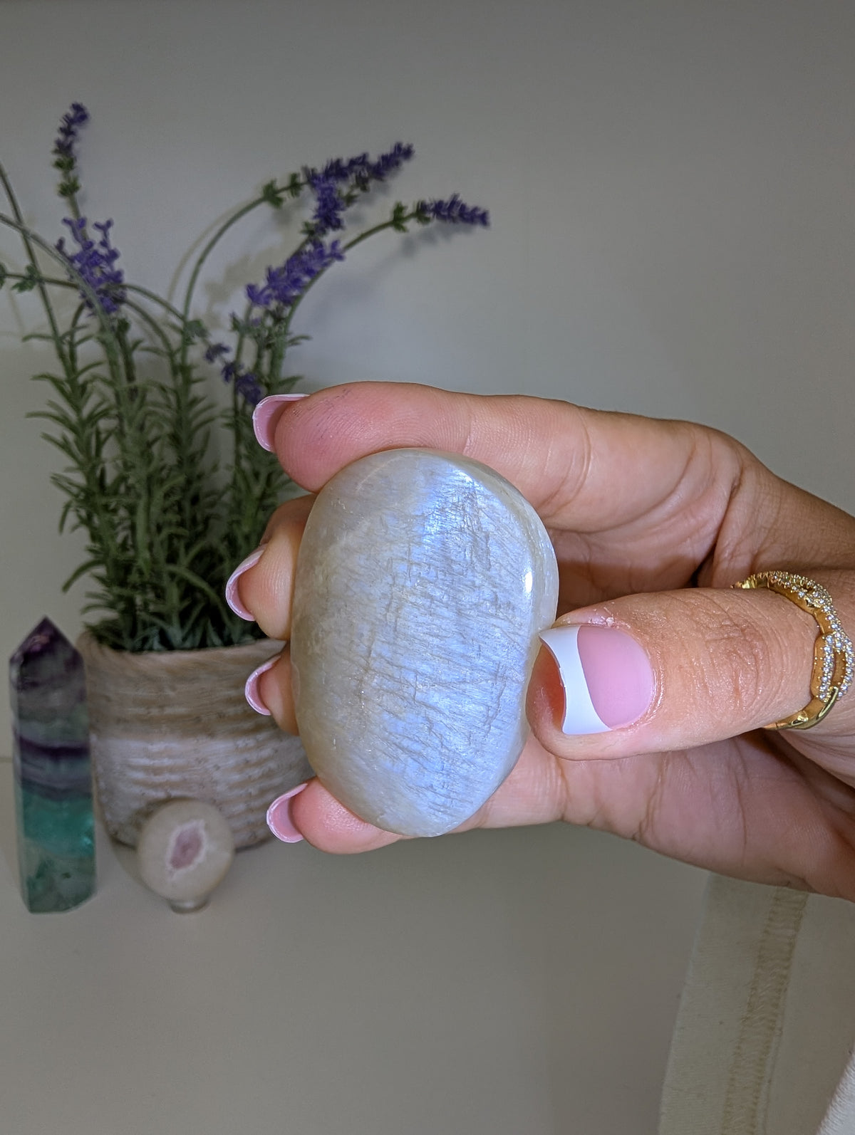 Blue / White Moonstone Palm Stones