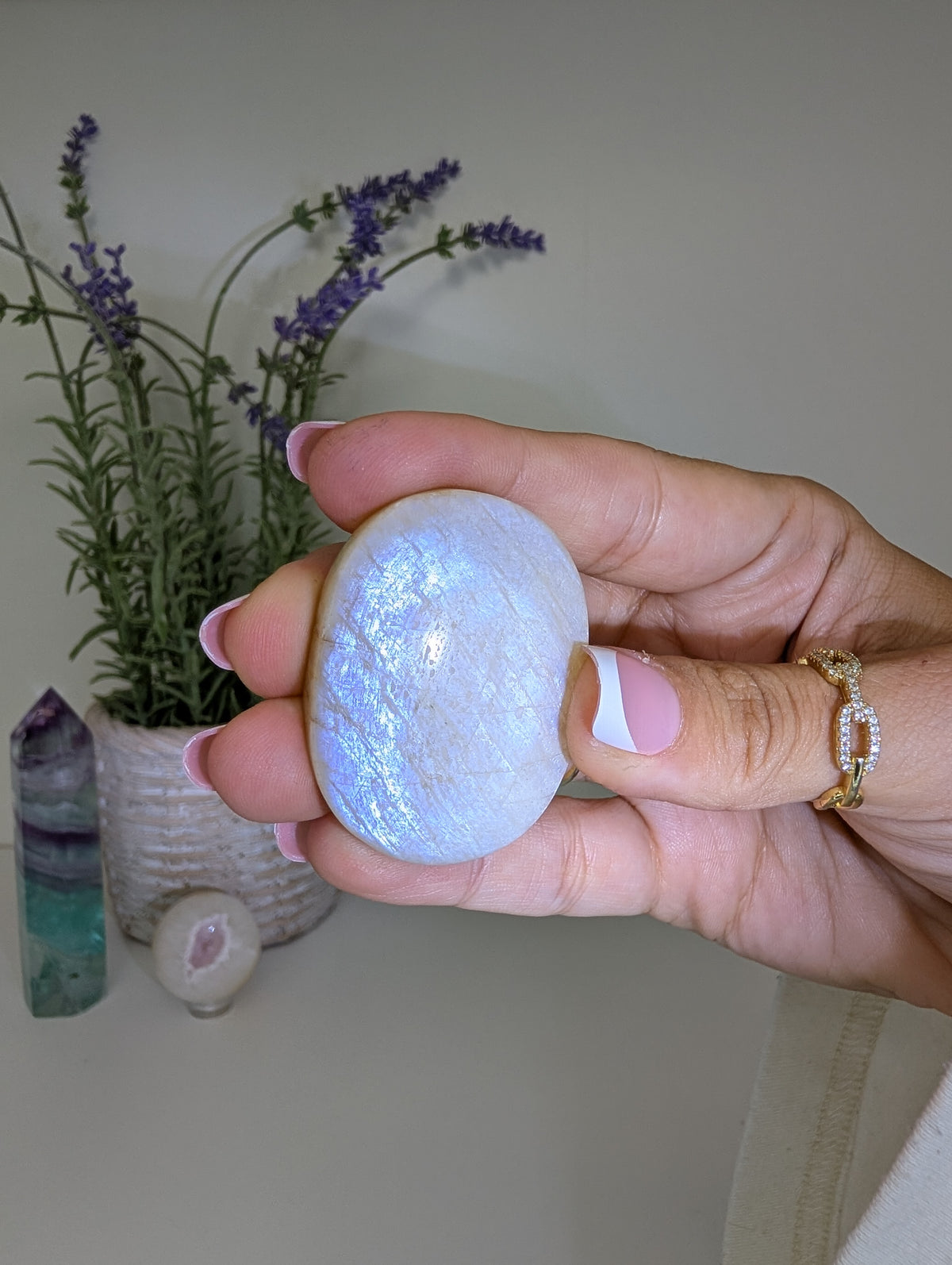 Blue / White Moonstone Palm Stones