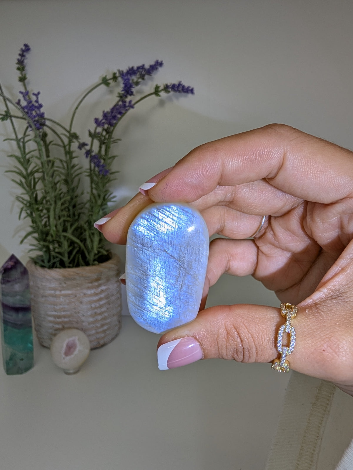 Blue / White Moonstone Palm Stones