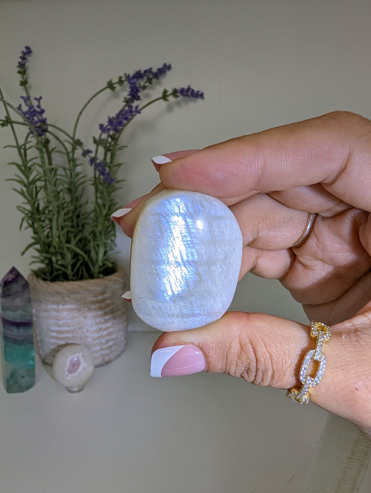 Blue / White Moonstone Palm Stones