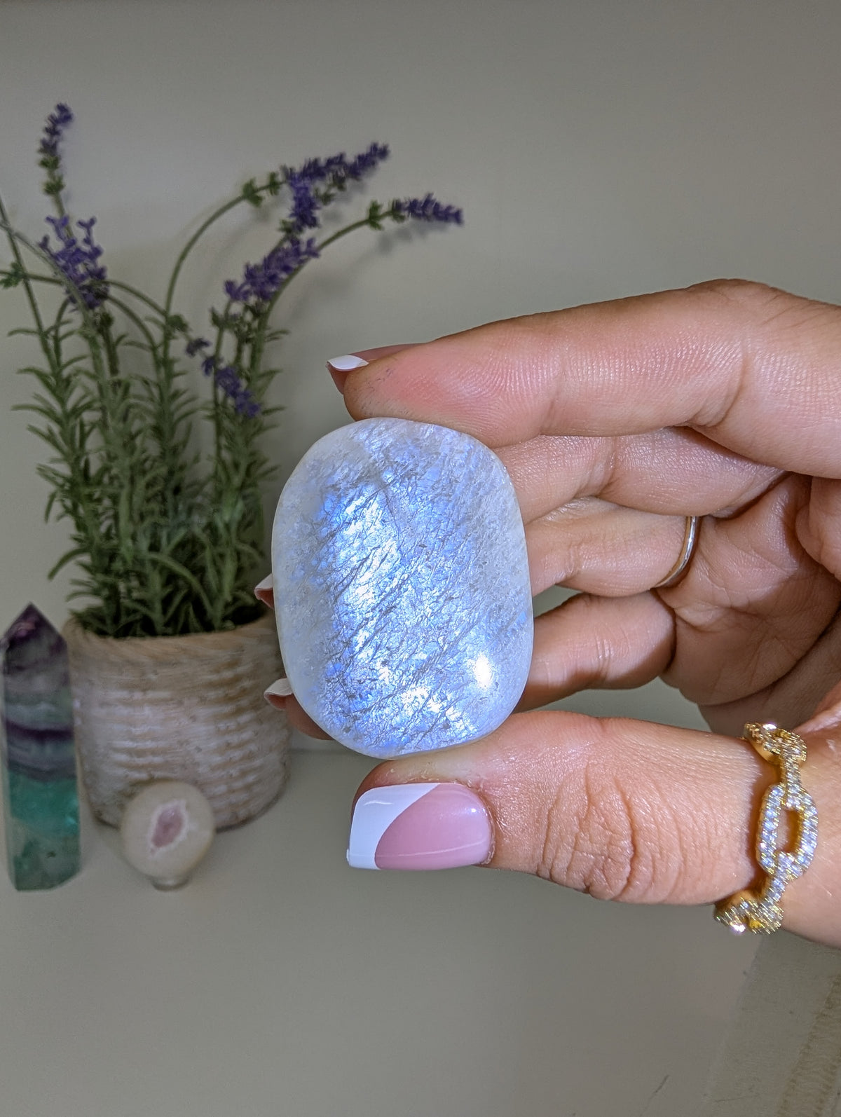 Blue / White Moonstone Palm Stones