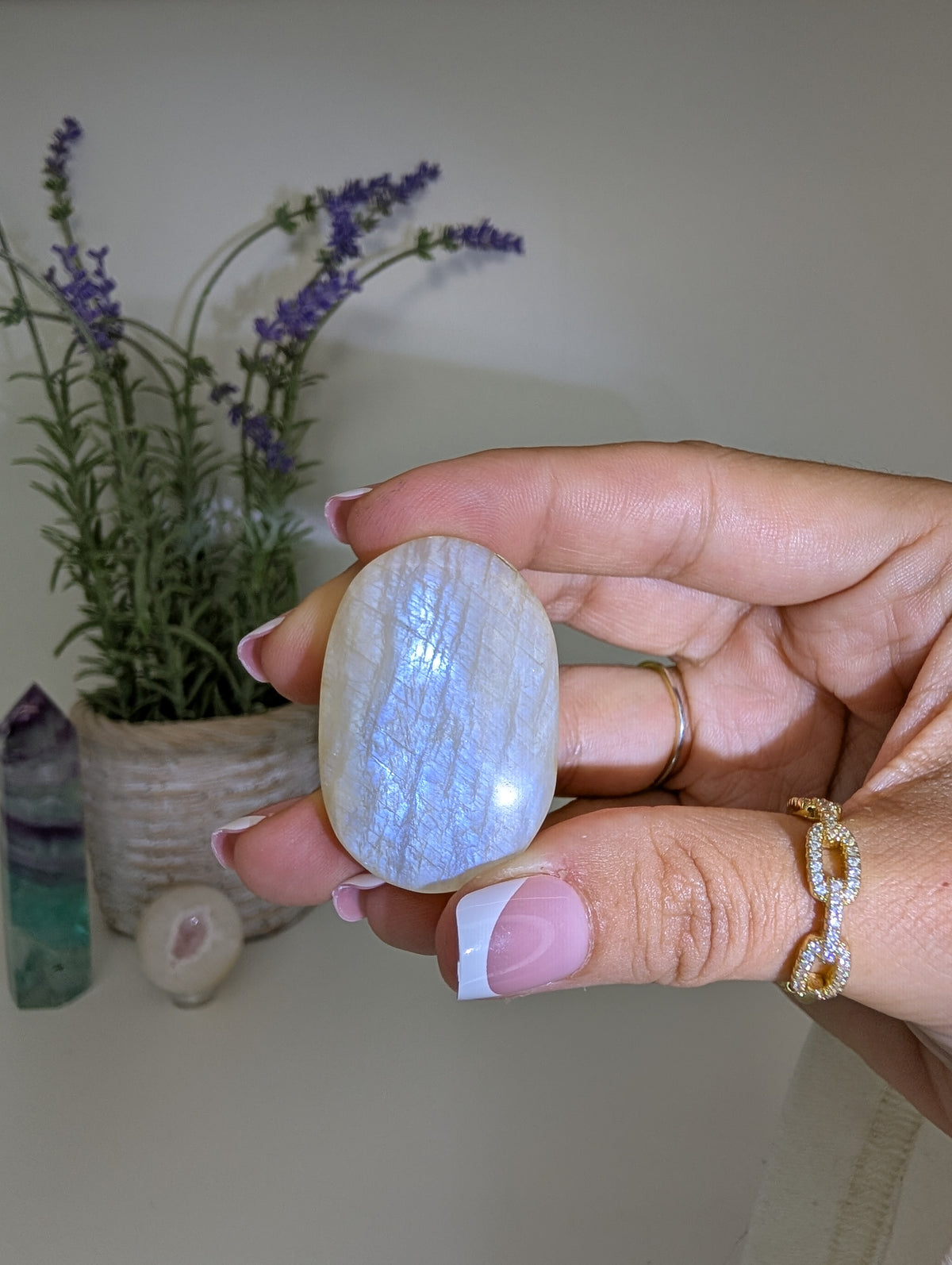 Blue / White Moonstone Palm Stones