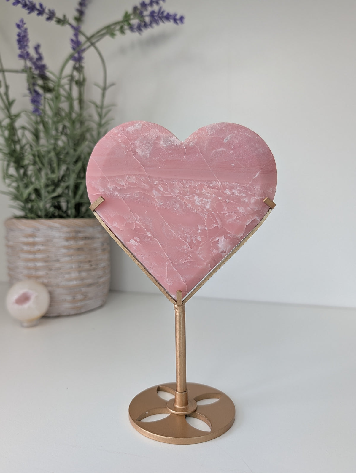 Pink Opal Heart on Custom Gold Stand