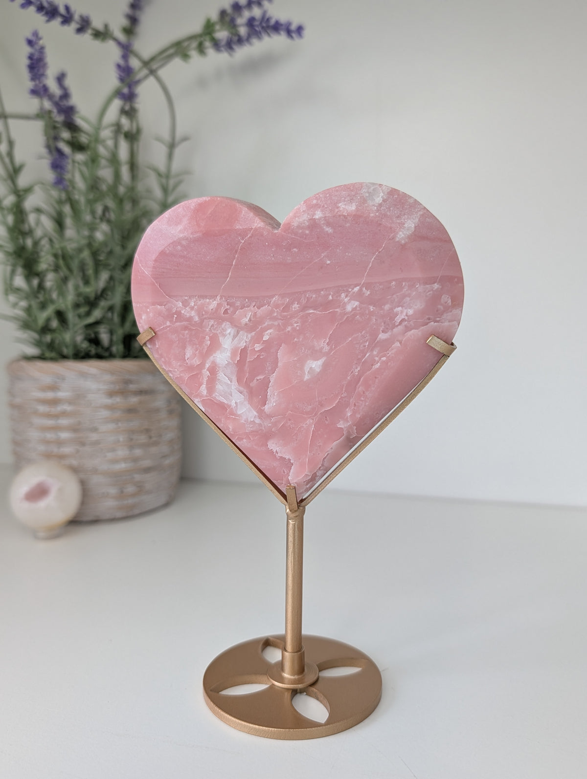 Pink Opal Heart on Custom Gold Stand