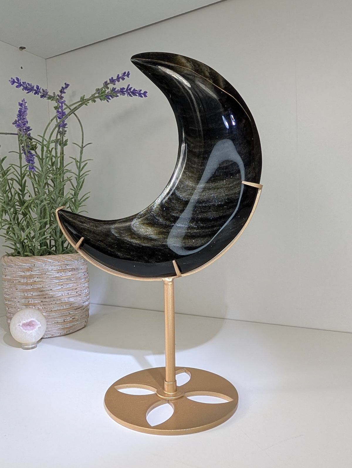 Gold Sheen Obsidian Moon on Custom Gold Stand