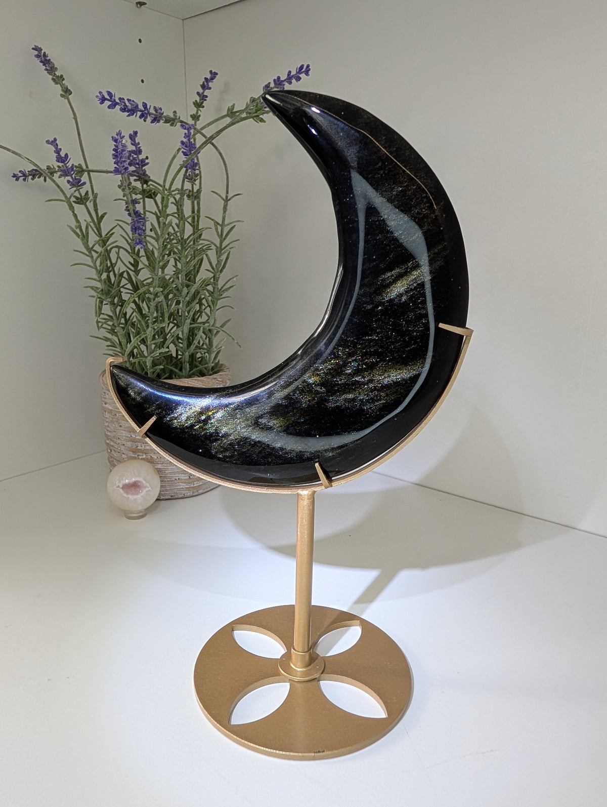 Gold Sheen Obsidian Moon on Custom Gold Stand