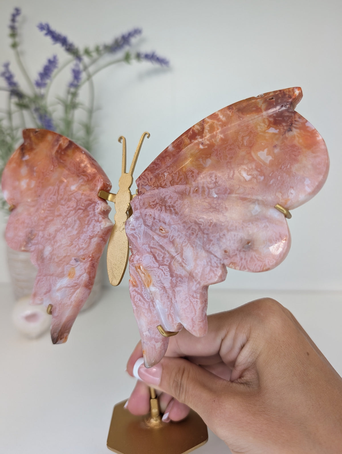 Indonesian Carnelian Butterfly Wings on Custom Gold Stand