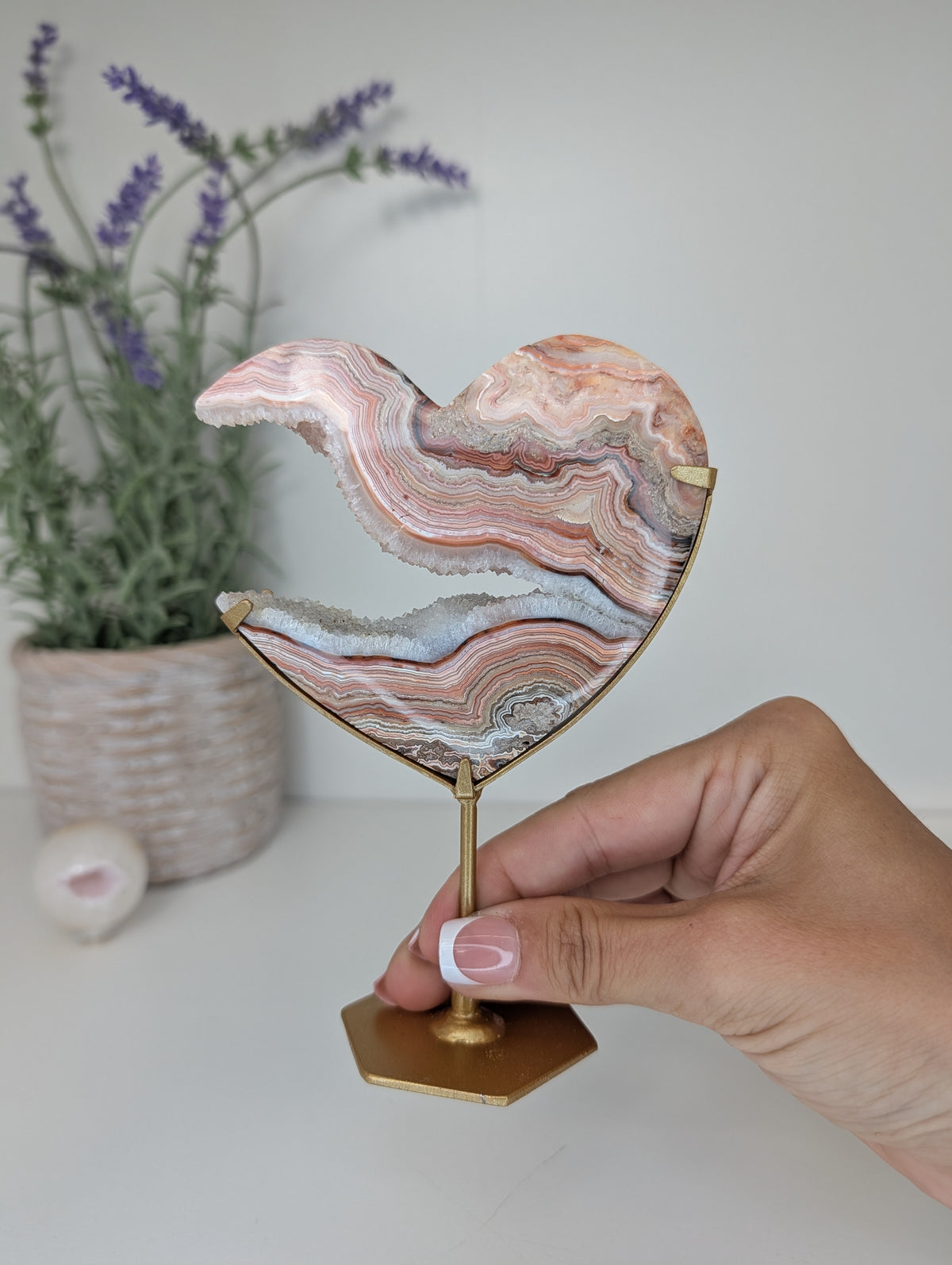 Druzy Pink Crazy Lace Heart on Custom Gold Stands from Indonesia