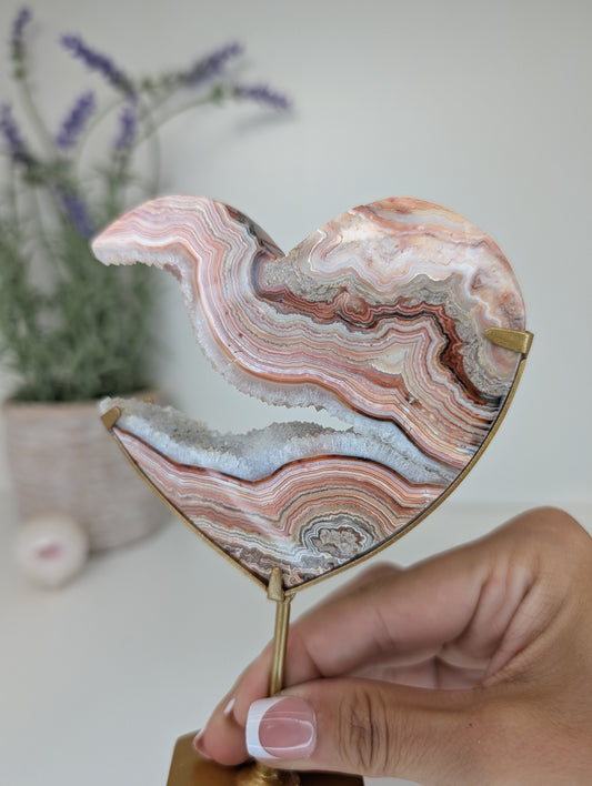 Druzy Pink Crazy Lace Heart on Custom Gold Stands from Indonesia