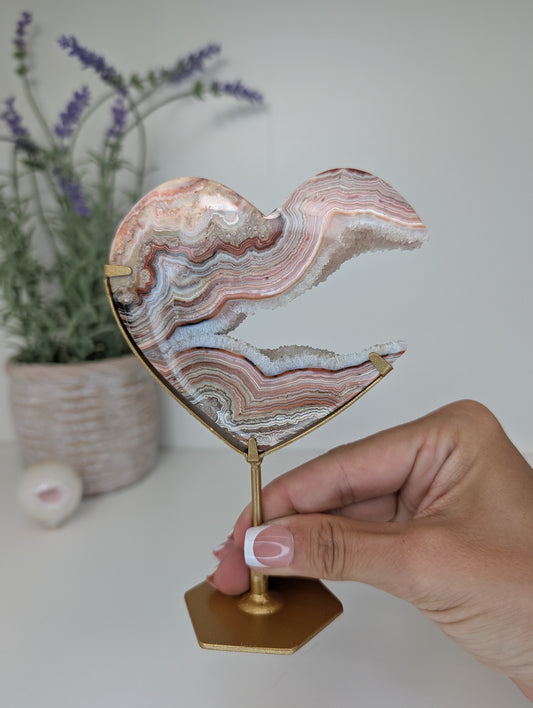 Druzy Pink Crazy Lace Heart on Custom Gold Stands from Indonesia