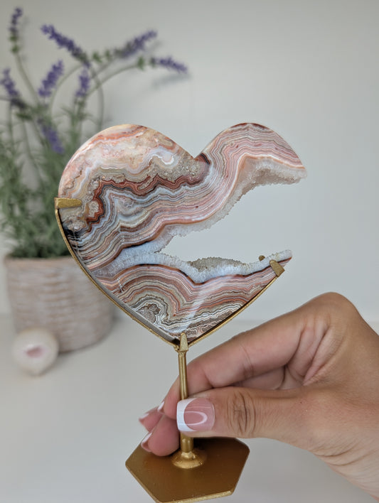 Druzy Pink Crazy Lace Heart on Custom Gold Stands from Indonesia