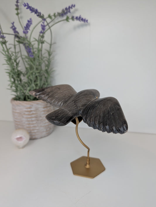 Hand Carved Petrified Wood Raven Bird on Custom Gold Stands from Indonesia