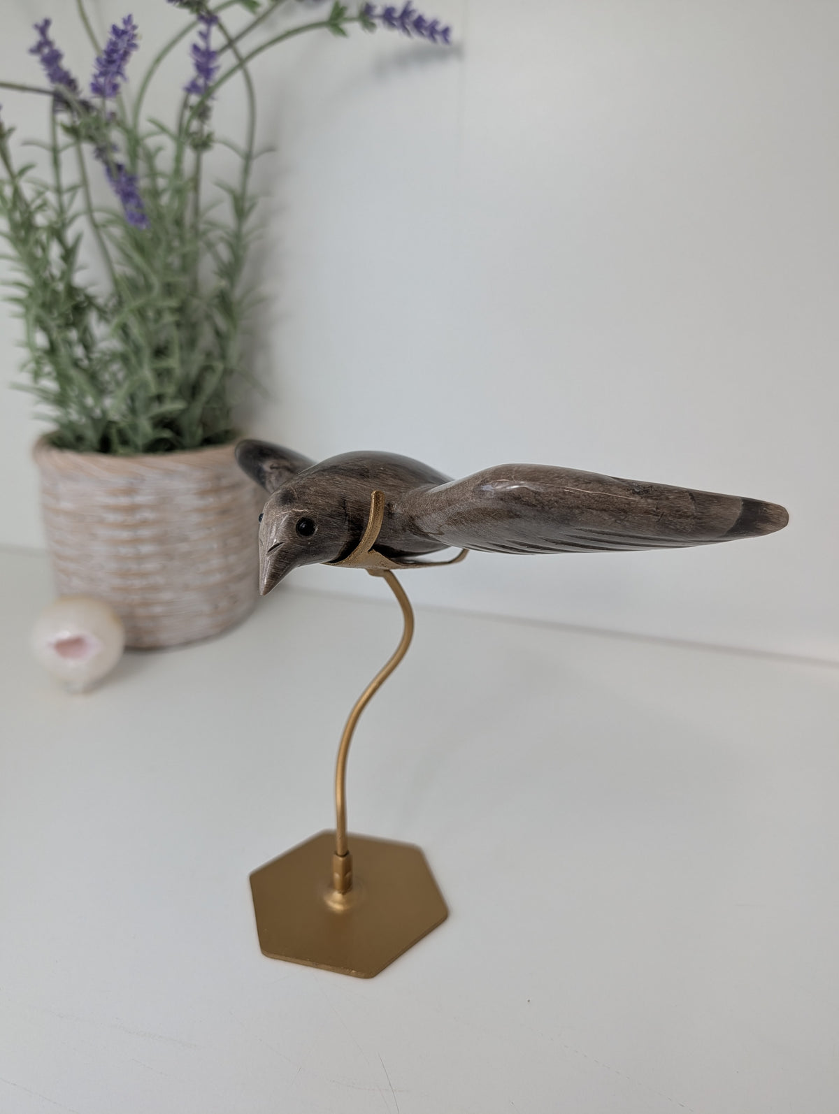Hand Carved Petrified Wood Raven Bird on Custom Gold Stands from Indonesia
