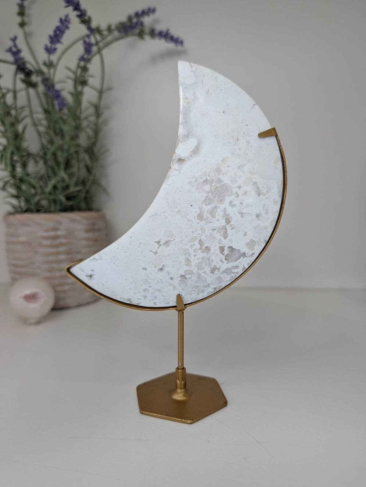 Druzy White Agate Moon on Gold Custom Stand from Indonesia