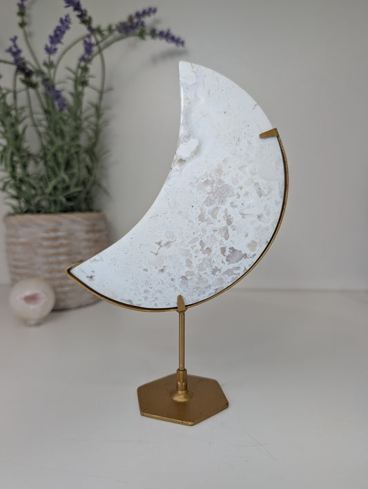 Druzy White Agate Moon on Gold Custom Stand from Indonesia