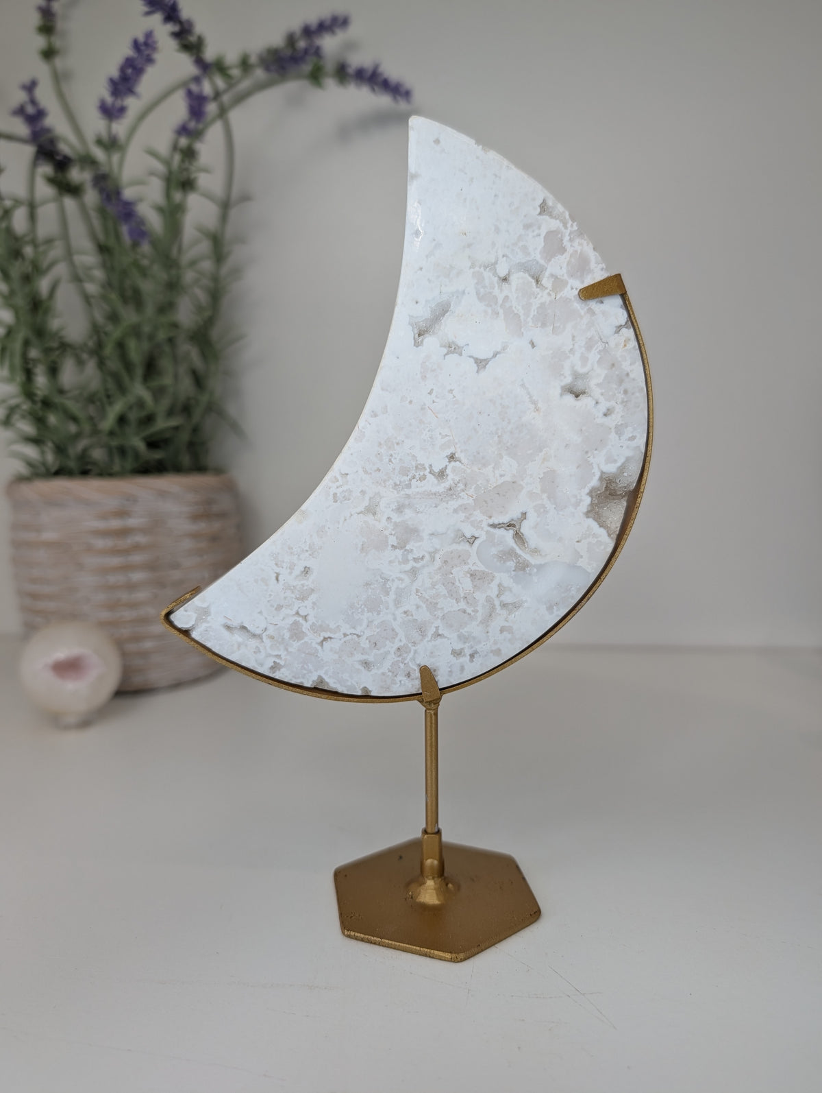 Druzy White Agate Moon on Gold Custom Stand from Indonesia