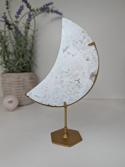 Druzy White Agate Moon on Gold Custom Stand from Indonesia
