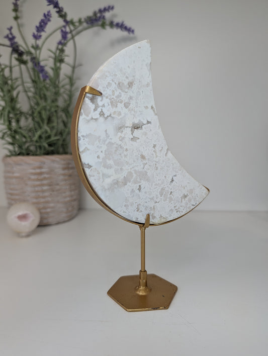 Druzy White Agate Moon on Gold Custom Stand from Indonesia