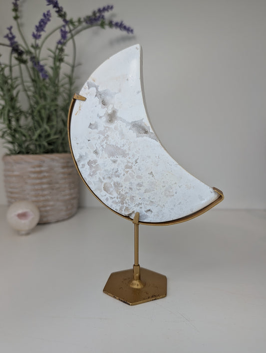 Druzy White Agate Moon on Gold Custom Stand from Indonesia