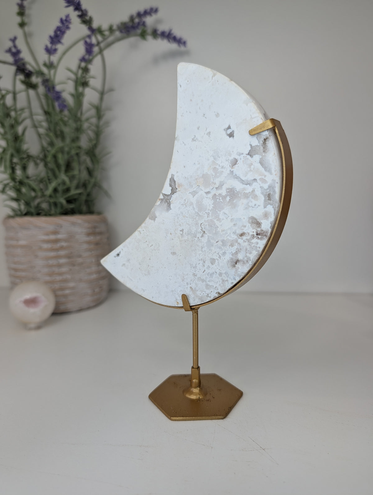 Druzy White Agate Moon on Gold Custom Stand from Indonesia