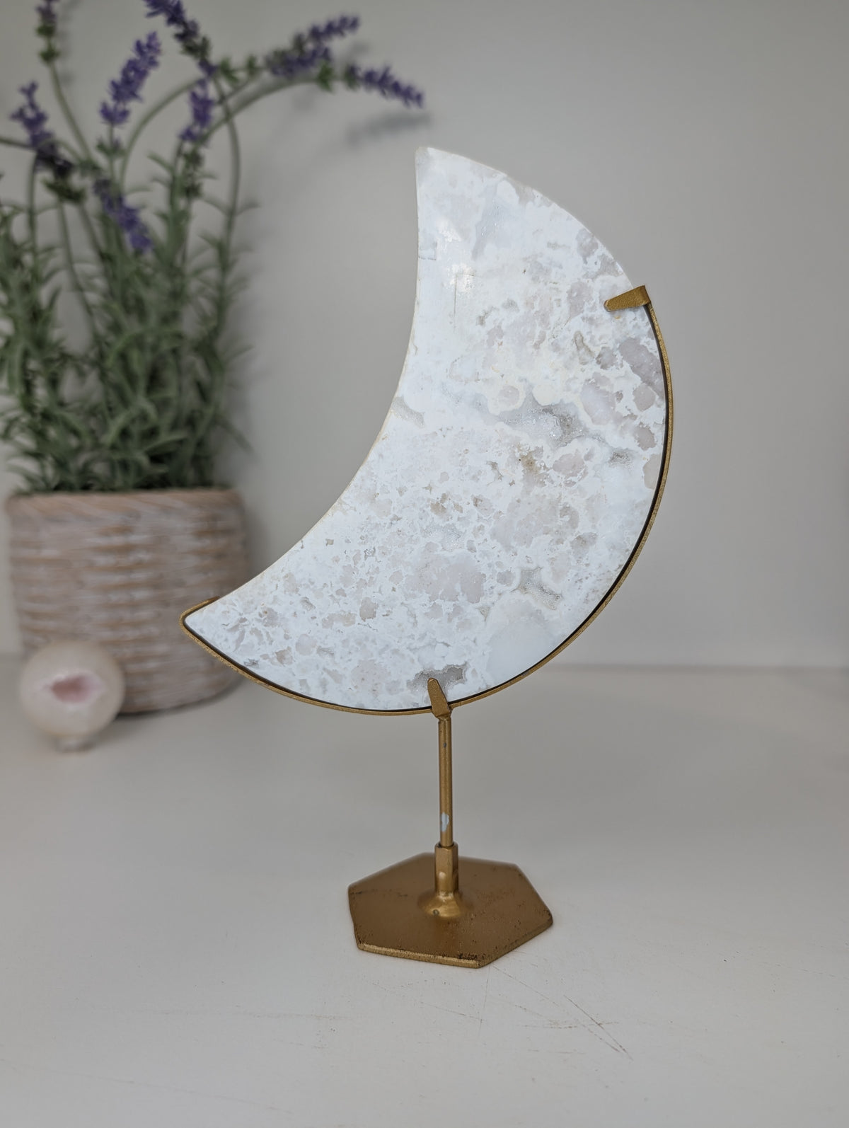 Druzy White Agate Moon on Gold Custom Stand from Indonesia