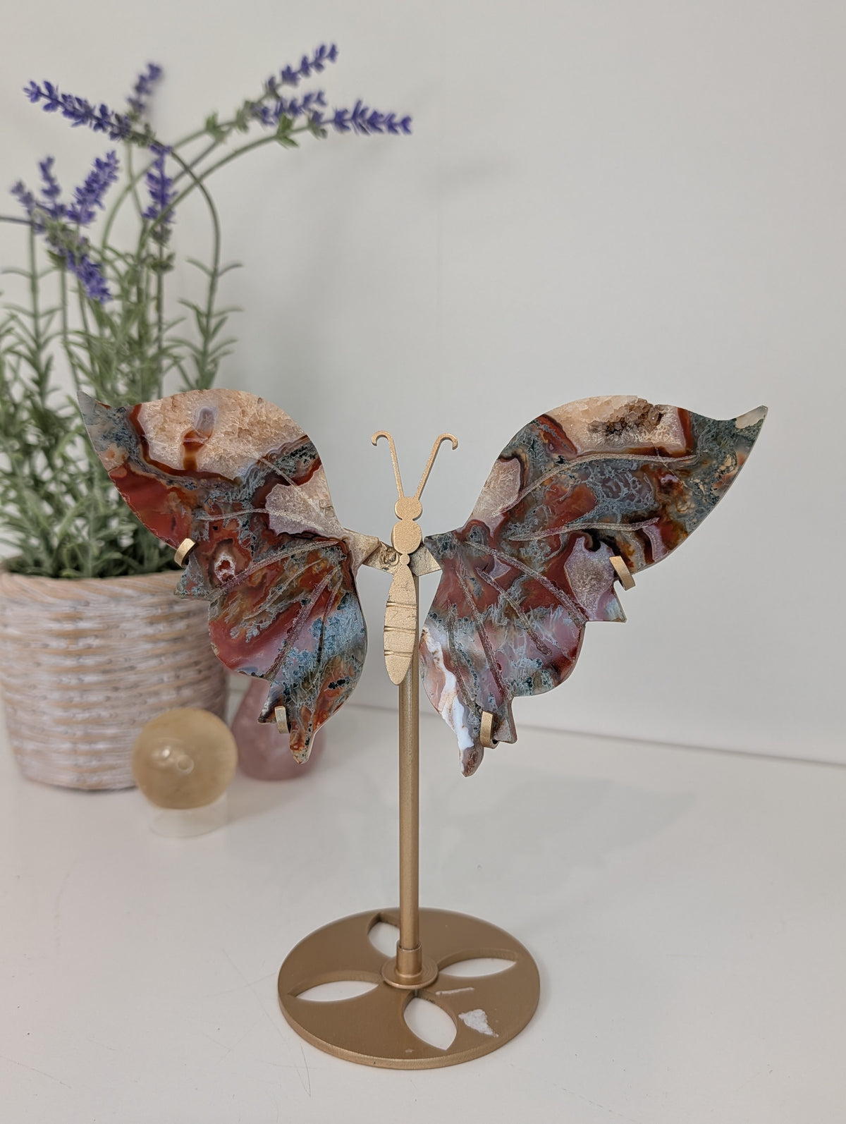 Carnelian Moss Agate Butterfly on Custom Gold Stand