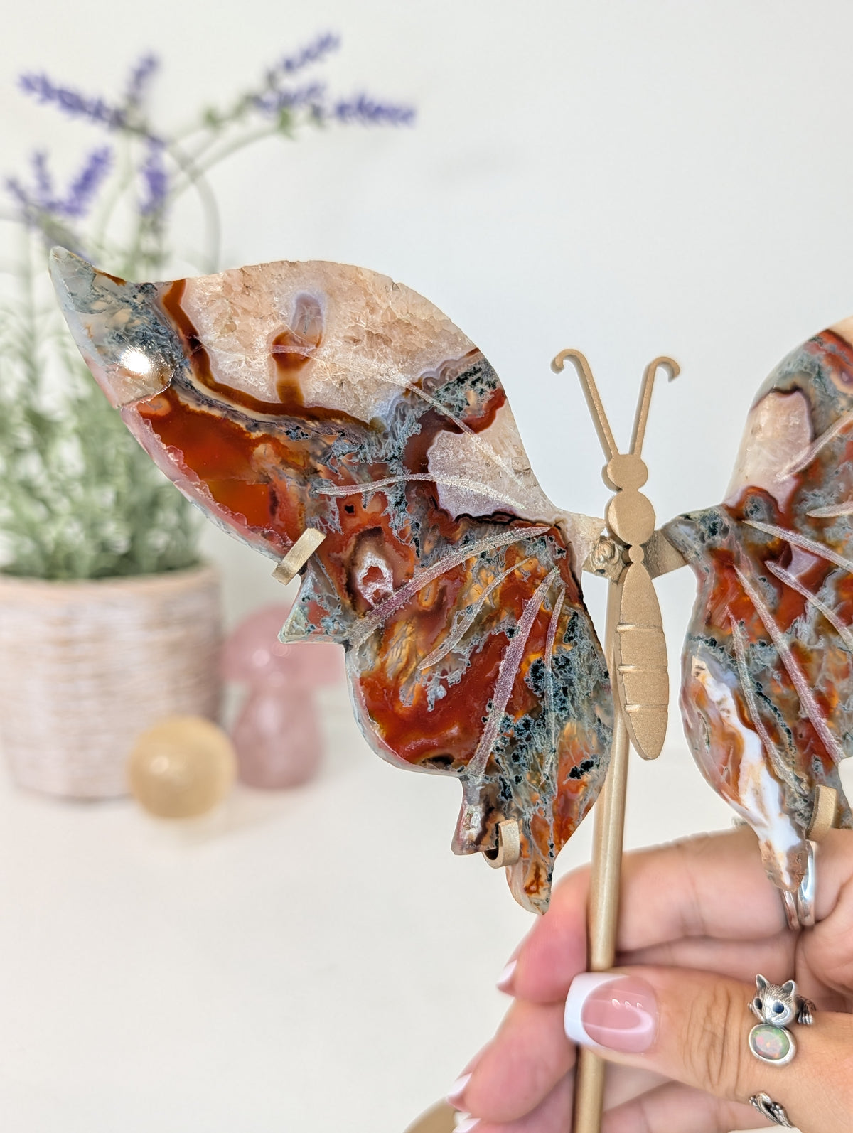 Carnelian Moss Agate Butterfly on Custom Gold Stand