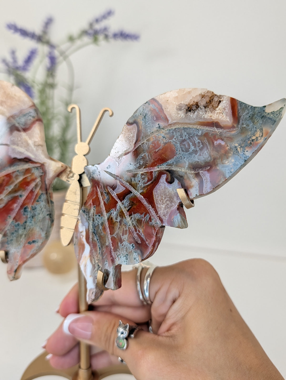 Carnelian Moss Agate Butterfly on Custom Gold Stand