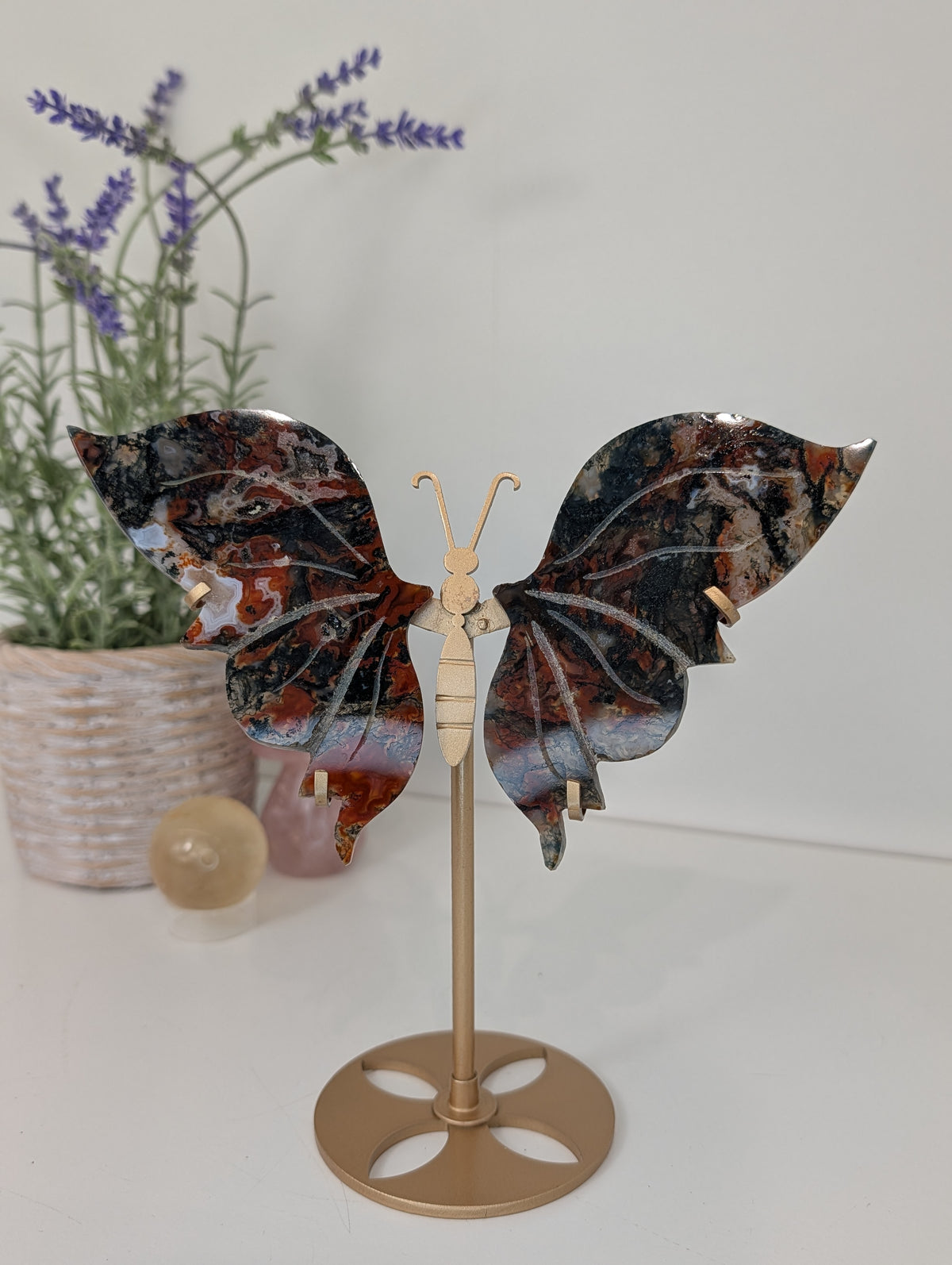 Carnelian Moss Agate Butterfly on Custom Gold Stand