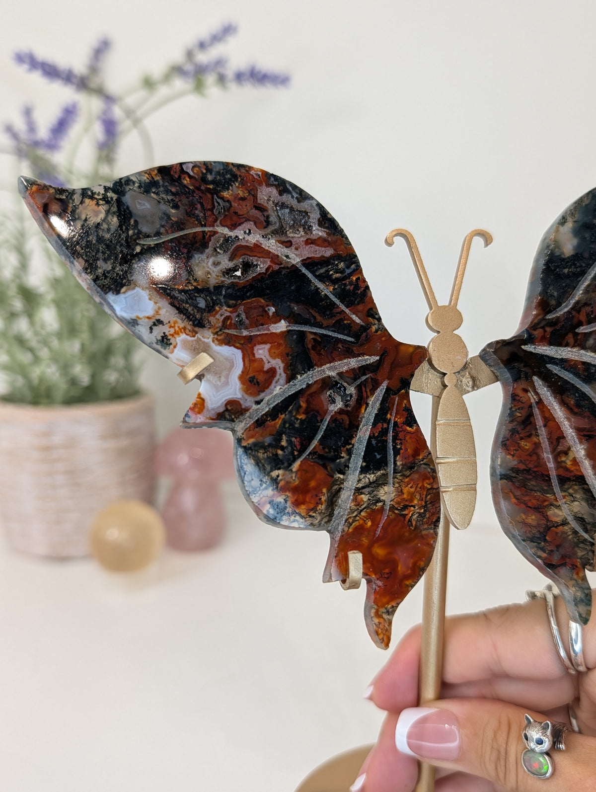 Carnelian Moss Agate Butterfly on Custom Gold Stand
