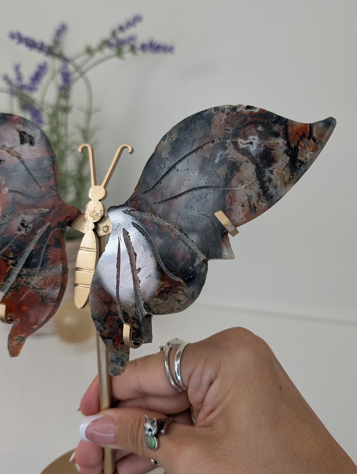 Carnelian Moss Agate Butterfly on Custom Gold Stand