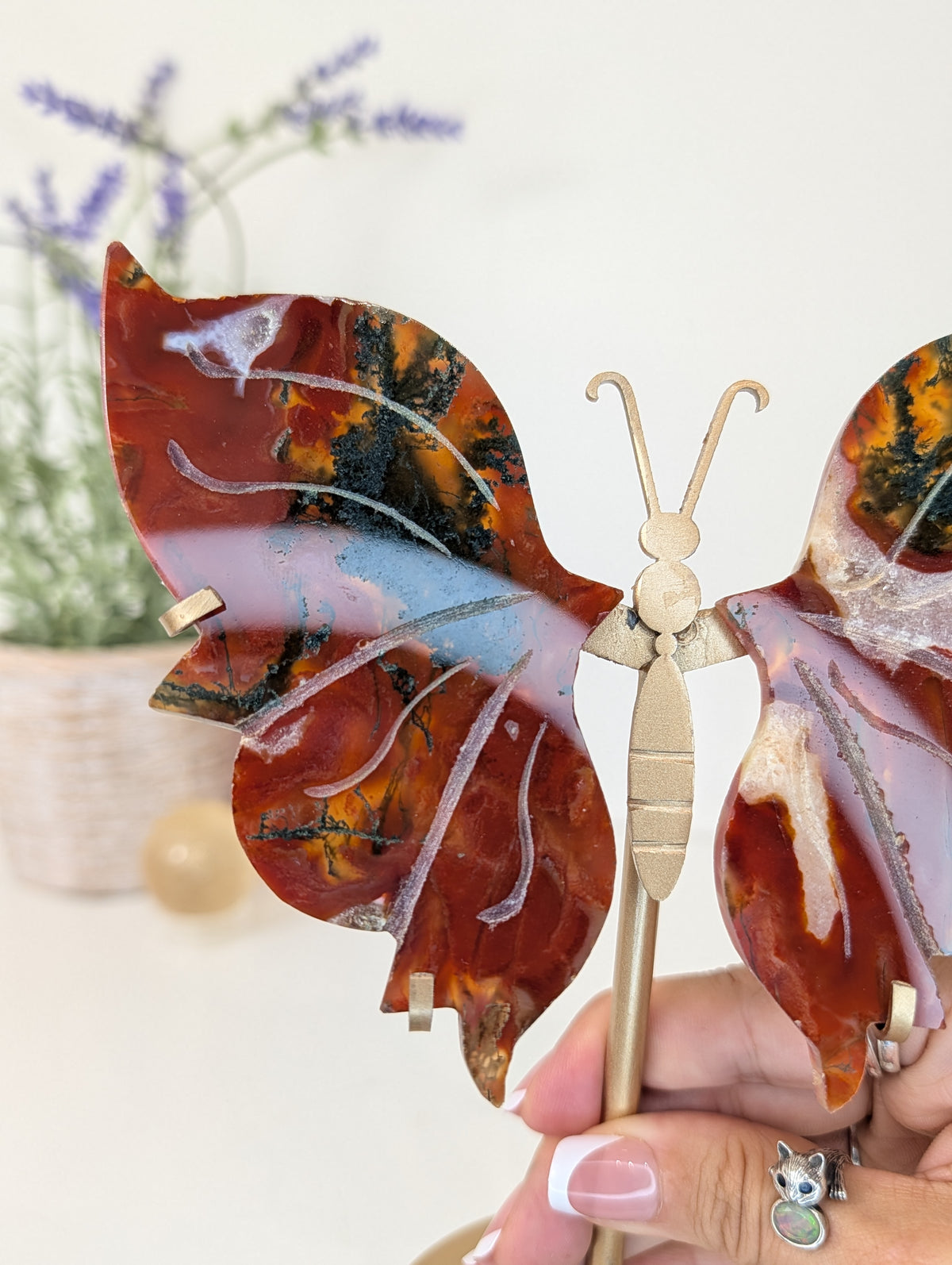 Carnelian Moss Agate Butterfly on Custom Gold Stand