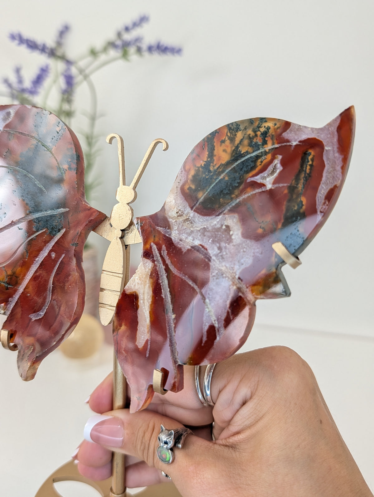 Carnelian Moss Agate Butterfly on Custom Gold Stand