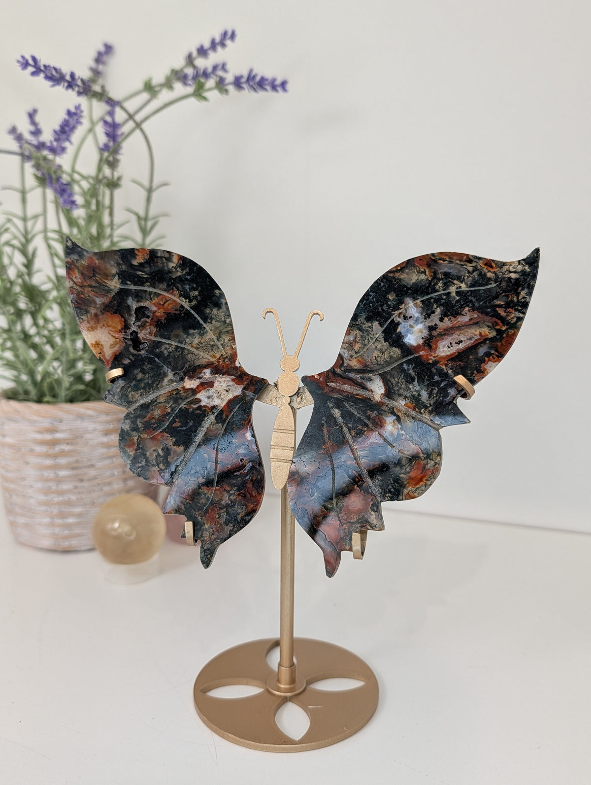 Carnelian Moss Agate Butterfly on Custom Gold Stand