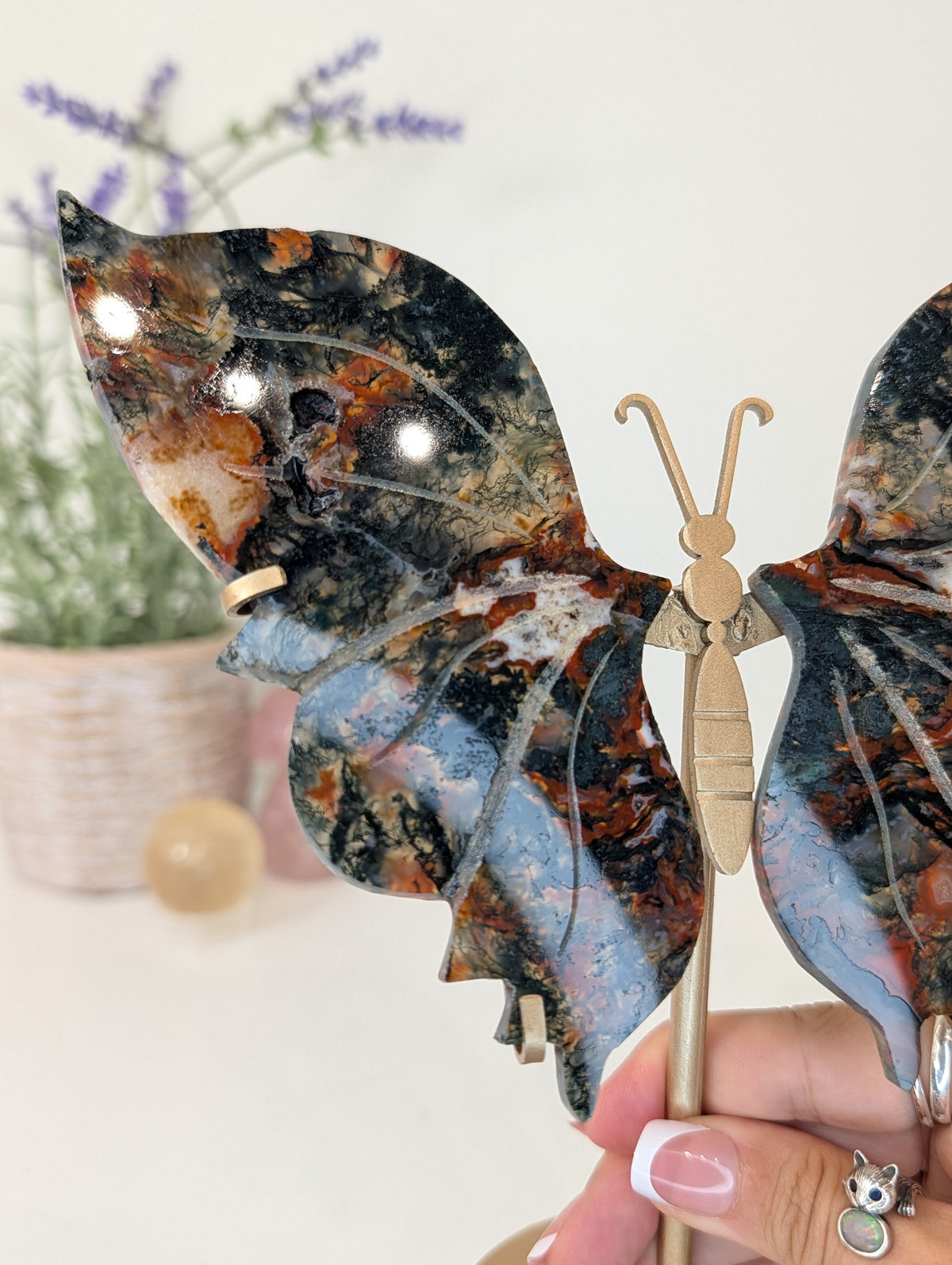 Carnelian Moss Agate Butterfly on Custom Gold Stand