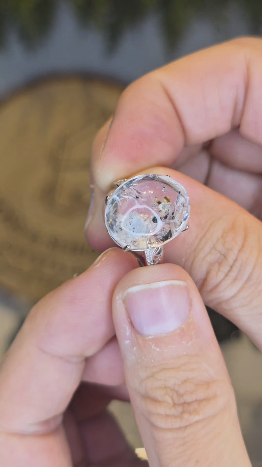 S925 Silver Carbon Enhydro Himalayan Quartz Adjustable Ring