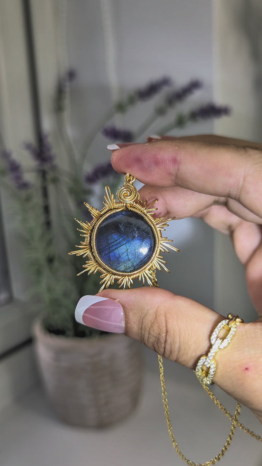 Hand Woven Gold Labradorite Sun Necklace with S925 Silver Chain -  Blue Flash