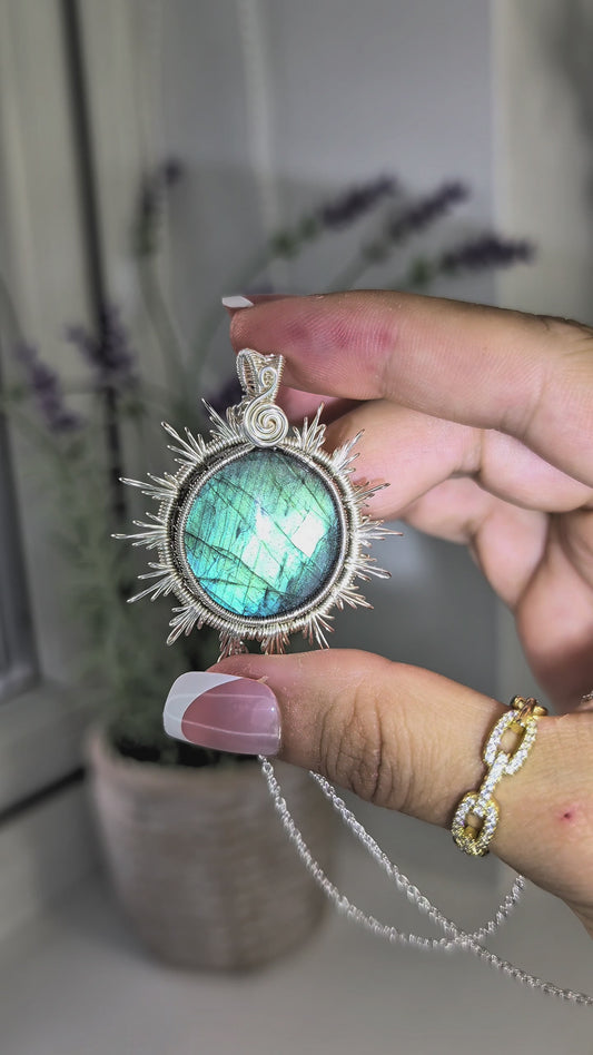 Hand Woven Silver Labradorite Sun Necklace with S925 Silver Chain -  Green/Blue Flash