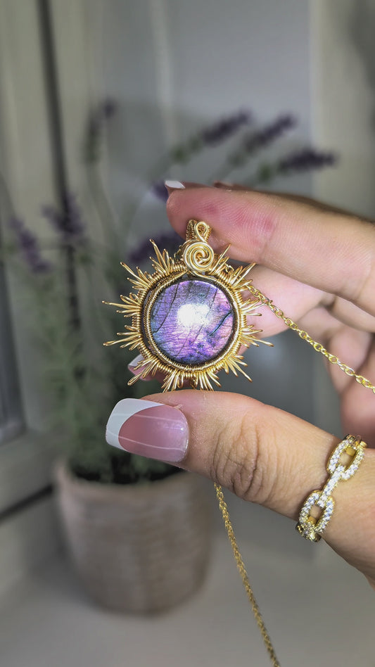 Hand Woven Gold Labradorite Sun Necklace with S925 Silver Chain -  Purple Flash