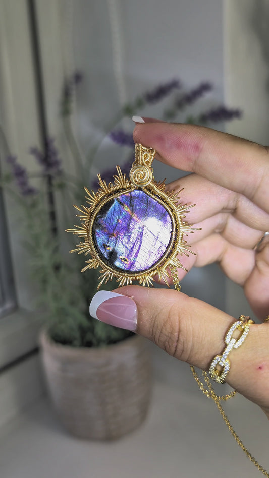 Hand Woven Gold Labradorite Sun Necklace with S925 Silver Chain - Purple Flash