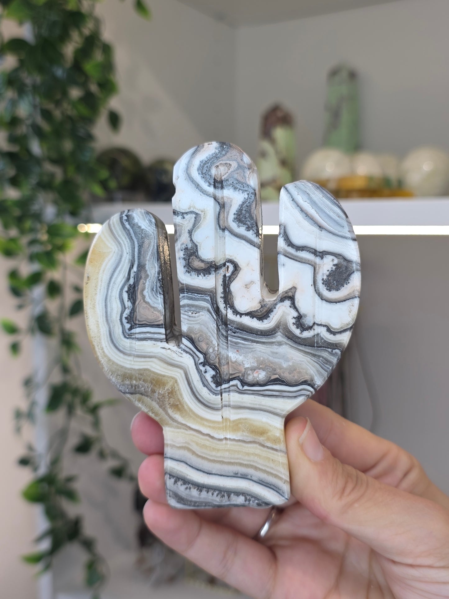 Large Mexican Onyx Freestanding Cactus Carving - Yellow Zebra Calcite - D