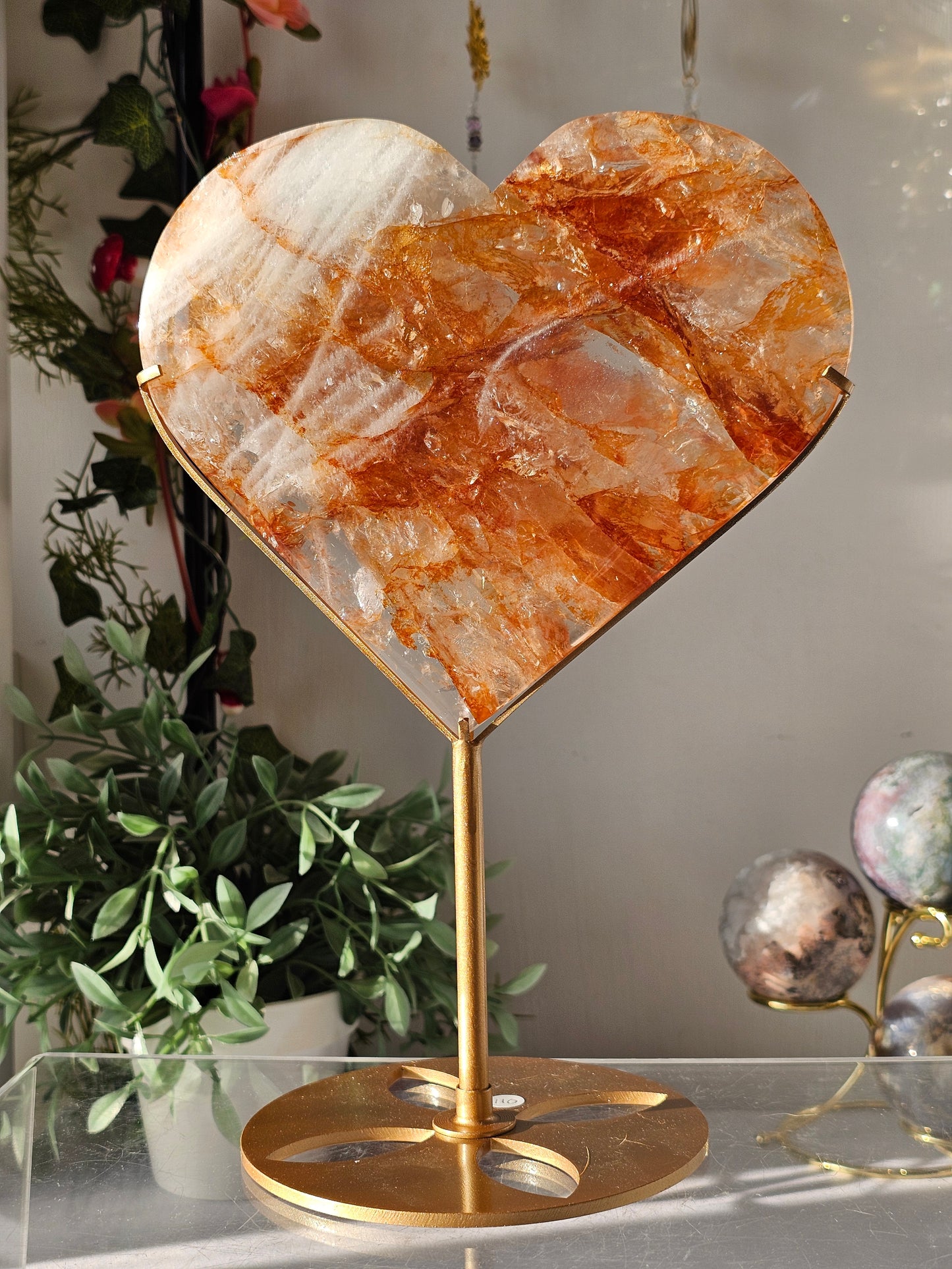High Quality Golden Healer Fire Quartz Heart on Custom Stand - MAS0814