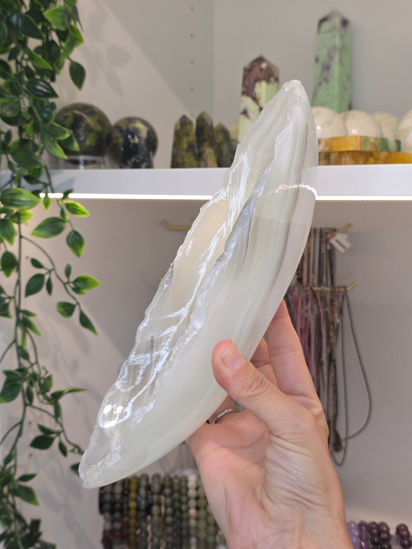 Mexican Onyx Canoe Bowl - White Calcite - C