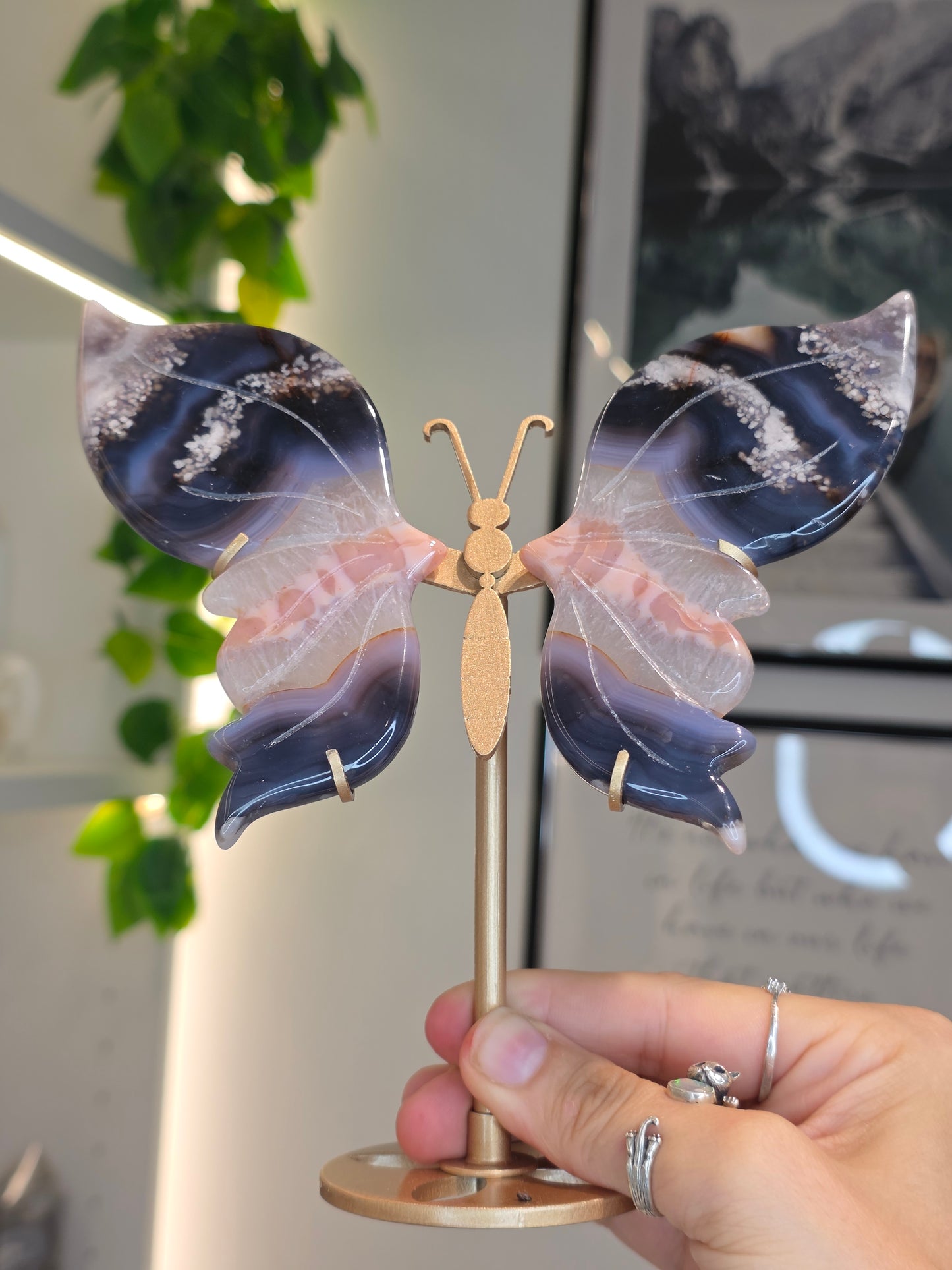 Blue Flower Agate Butterfly Wings on Custom Stand - D