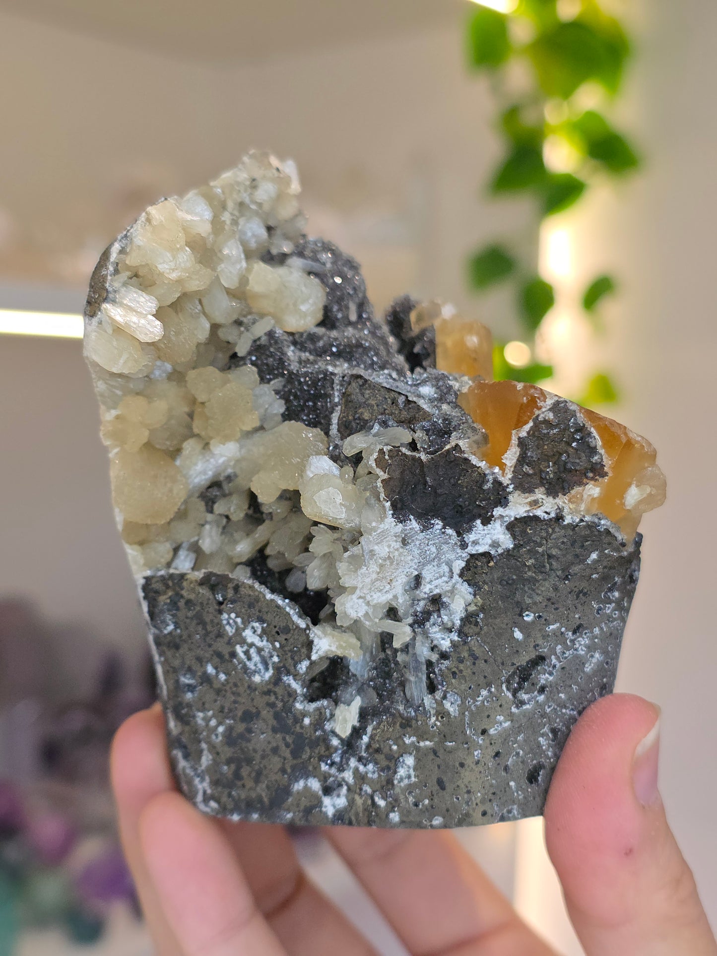 Honey Calcite on Black Chalcedony with Stilbite (I) from Madhya Pradesh India