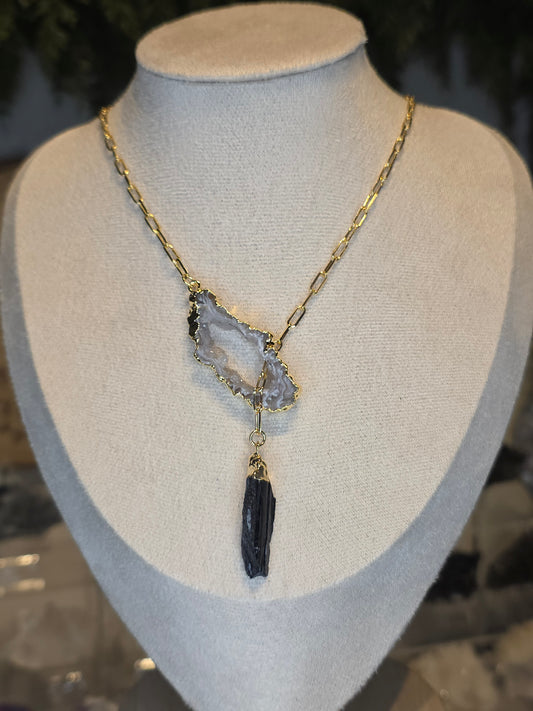 18ct Gold Plated Druzy Brazilian Agate Necklace with Amethyst Drop D