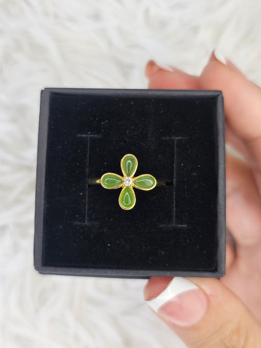 18ct Gold Plated S925 Silver Adjustable Jade Flower Ring - MAS0910