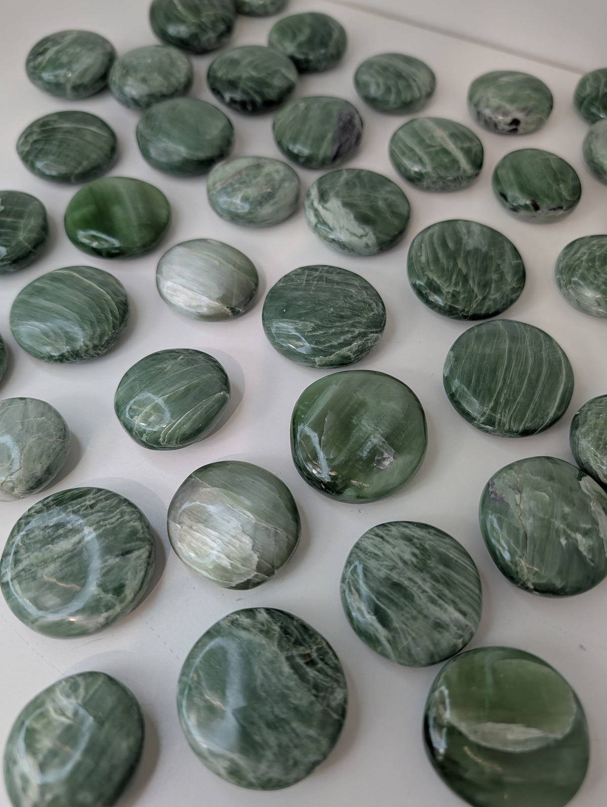 Intuitively Chosen Indian Green Kammererite Button Flat Palm Stones