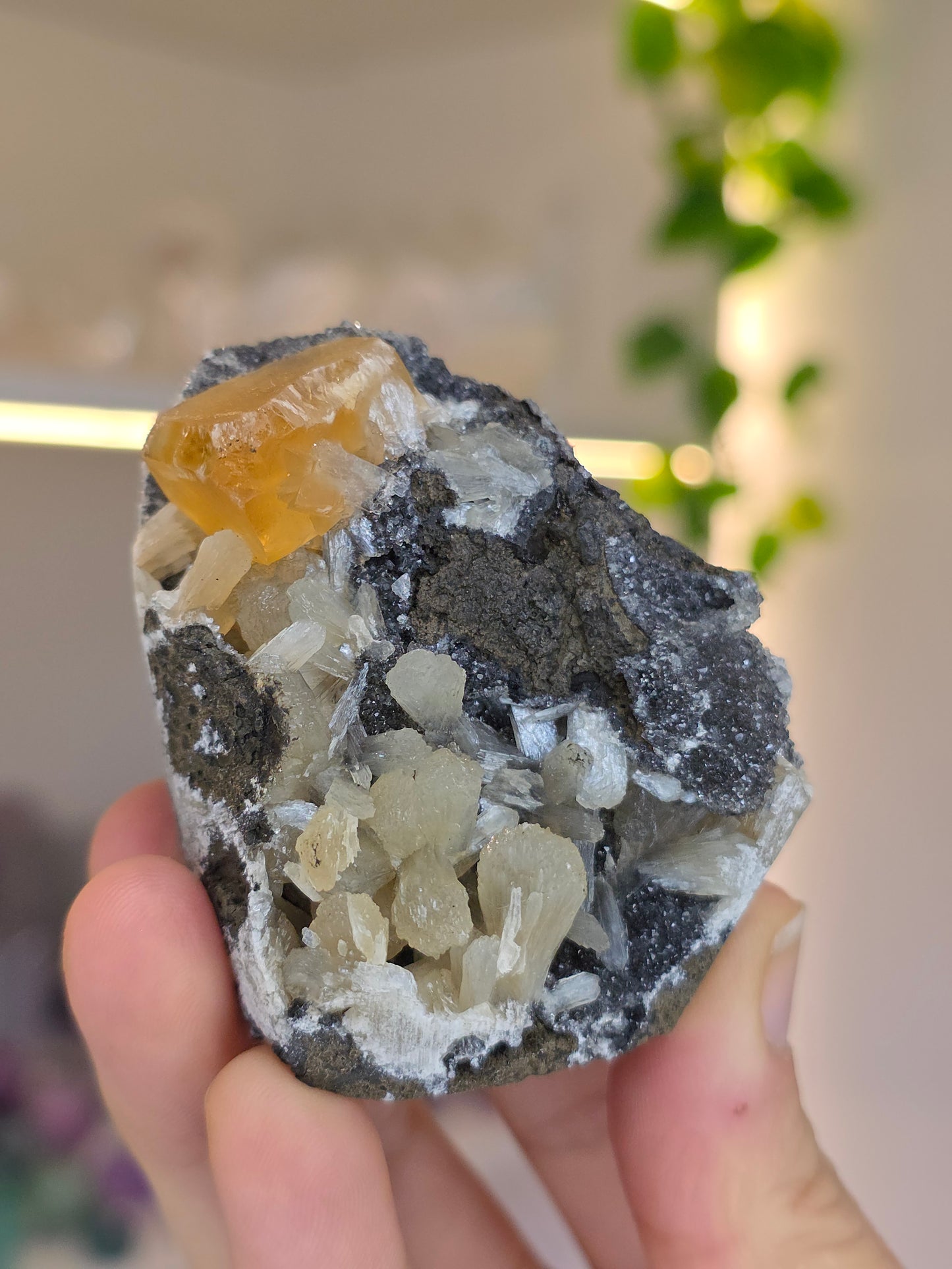 Honey Calcite on Black Chalcedony with Stilbite (W) from Madhya Pradesh India
