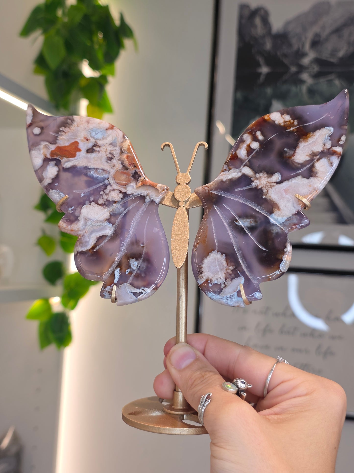 Blue Flower Agate Butterfly Wings on Custom Stand - C